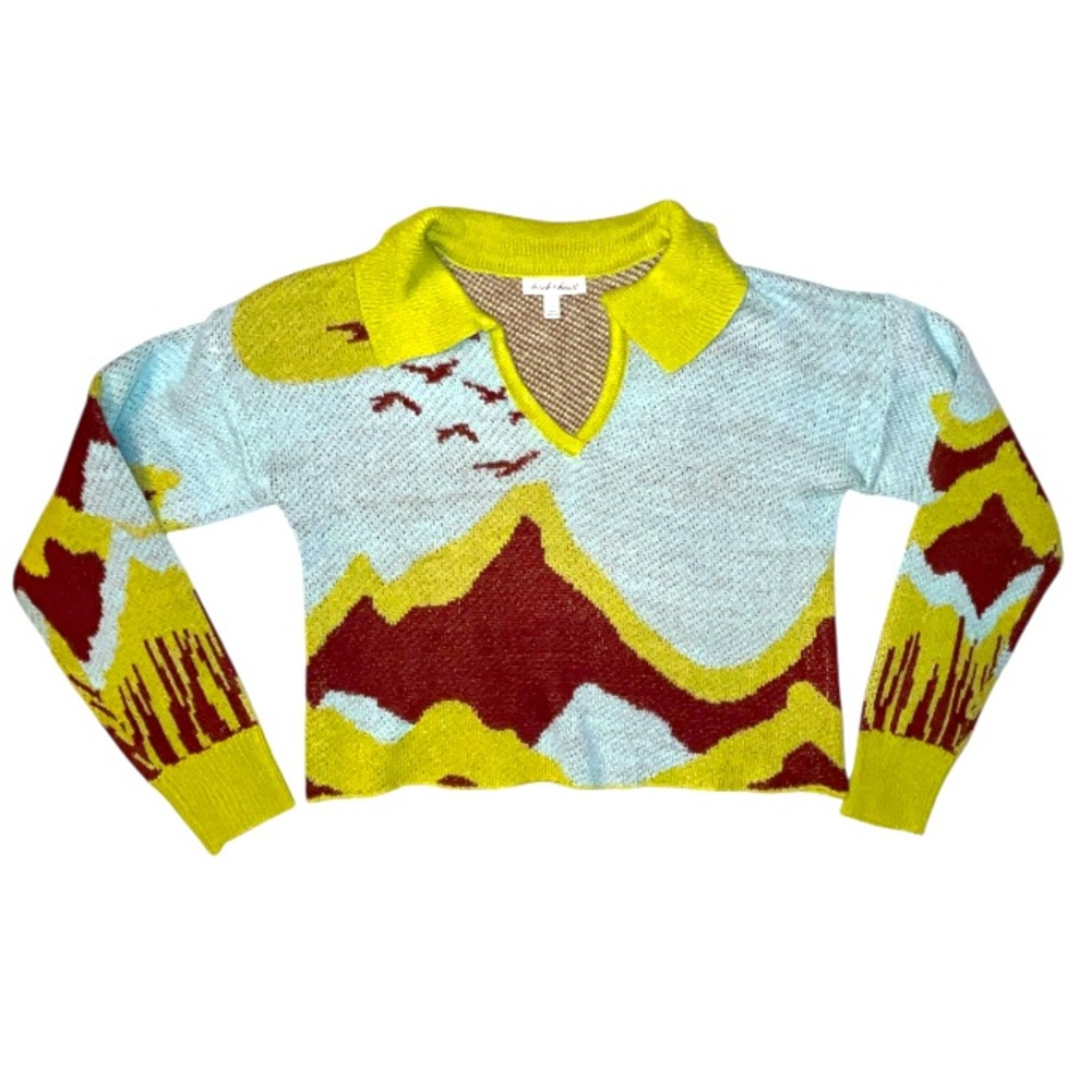 Derek Heart Cropped Acylic Print V Neck Sweater Collar Size Small